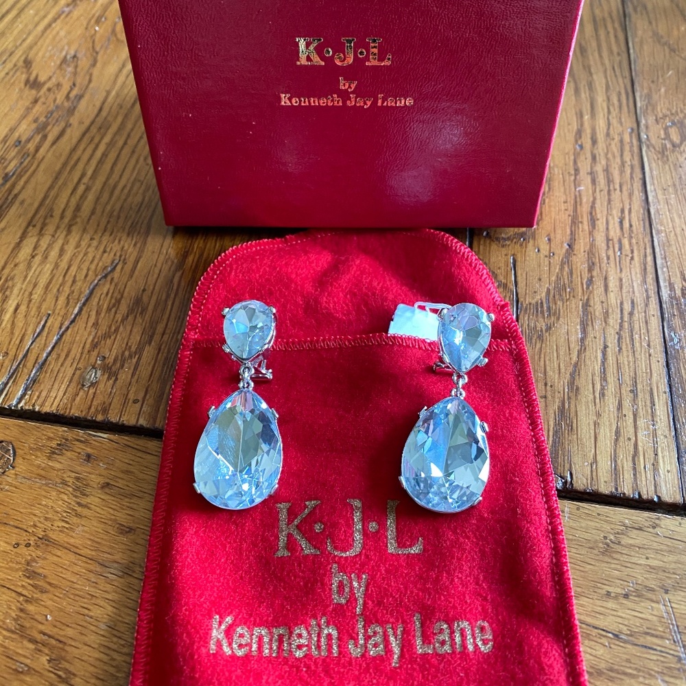 Kenneth Jay Lane CZ Double Teardrop Crystal Drop Pierce Earrings NOS w/ Bag & Bo